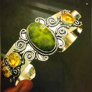 Stichtite Jasper Citrine Stamped 925 Sterling Silver Cuff Bracelet